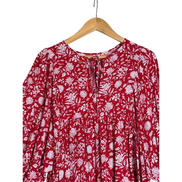 Lightweight Women's Spring Morning Flower Boho Smock Mini Dress Sz XL Red White - Picture 7 of 8